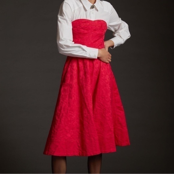 Anthropologie Deep Pink Strapless Corset Full Skirt Midi Dress Size 2 - Picture 1 of 6